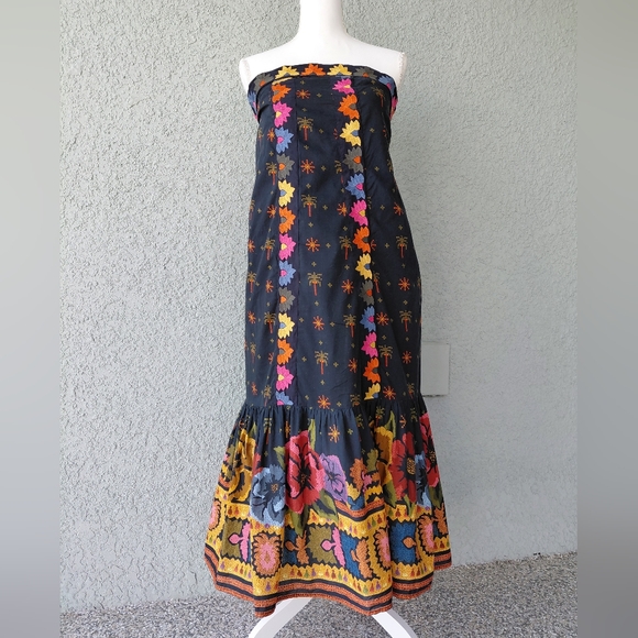 Farm Rio Embroidered Cutout / Strapless Ruffle Dress. - Picture 3 of 10